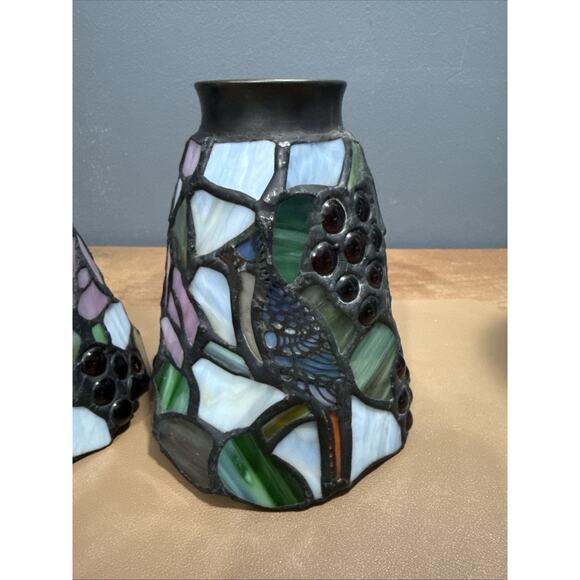 Set Of 3 Vintage Stained Glass Lamp Pendant Light Shade Blue Jay & Berries - Picture 8 of 16